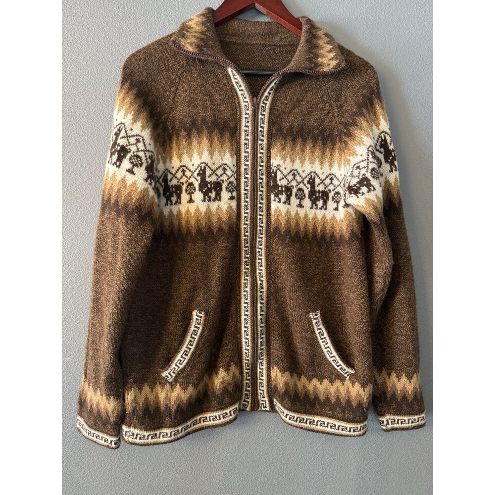 Southwest Style Zip Sweater Cardigan Llama Pattern Brown Peruvian Inspired